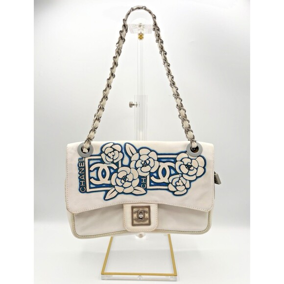 CHANEL Handbags - Chanel White & Blue Floral Print Nylon Canvas Sport CC Flap Bag Vintage Y2K